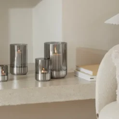 Windlicht -CALMA- Edelstahl matt, Glas Smoke Größe S (exkl. Kerze)
